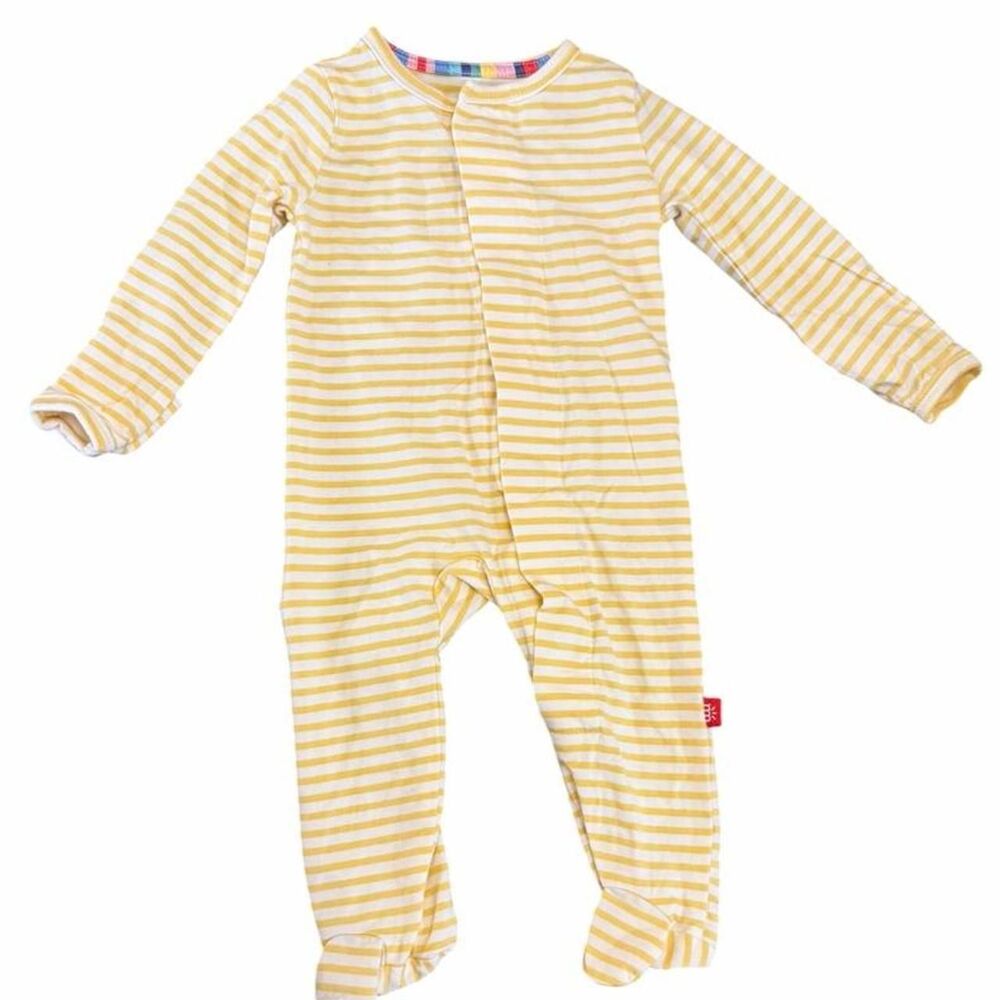 Magnetic Me yellow and white striped baby onesie